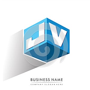 Letter JV logo in hexagon shape and blue background, cube logo with letter design for company identity