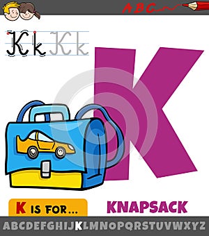 letter K from alphabet with cartoon knapsack object