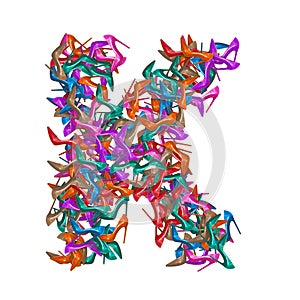 Letter K, alphabet made of multicolored high heel shoes, woman footwear, 3d render on white background