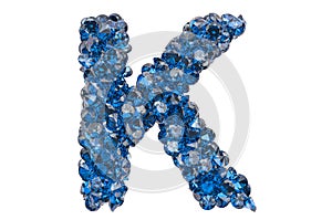 Letter K from blue diamonds or sapphires with brilliant cut. 3D rendering