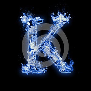 Letter K. Blue fire flames on black