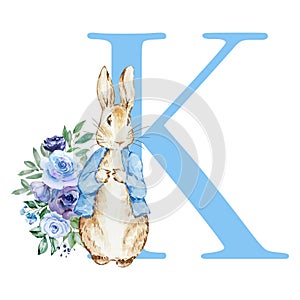 Letter K blue with watercolor cute rabbit with flowers