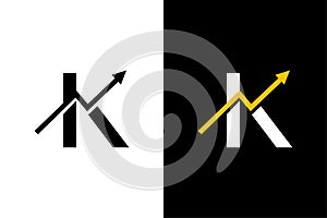 Letter K with chart arrow up concept. Very suitable in various business purposes, also for icon, symbol, logo name.