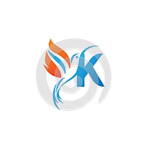 Letter K combined with the fire wing hummingbird icon logo