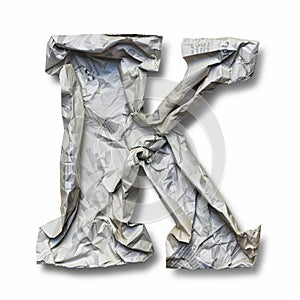 Letter K from crumpled newspaper on a clean white background. Fashion scrapbook lettering concept. Generative AI