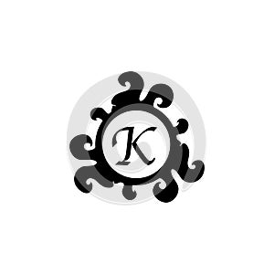 Letter K Decorative Alphabet Logo isolated on white Background. Elegant Curl & Floral Logo Concept. Luxury black Initial Abjad