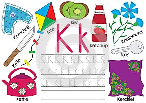 Letter K. English alphabet. Writing practice.