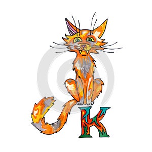 Letter K for Fantasy Cyrillic Alphabet - Azbuka with red cat