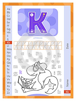 Letter K and funny cartoon hand drawn unicorn. Alphabet a-z. Coloring page. Printable worksheet. Handwriting practice.