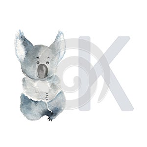 Letter K, koala, cute kids animal ABC alphabet. Watercolor illustration isolated on white background. Can be used for