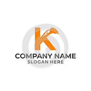 Letter K logo with excavator arm. K excavator logo template, hydraulic logo initials