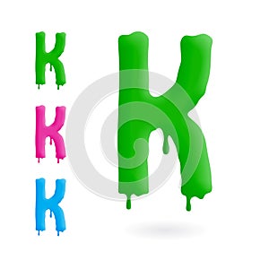 Letter K logo. Green, blue and pink character with drips. Dripping liquid symbol. Isolated vector.