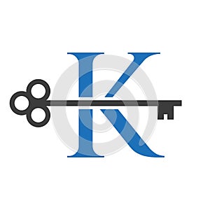 Letter K Real Estate Logo Concept With Home Lock Key Vector Template. Luxury Home Logo Key Sign