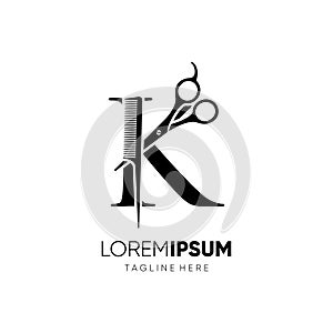 Letter K Scissors and Hair Comb Stylist Logo Design Vector Icon Graphic