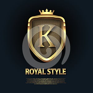 Letter K on the shield with crown isolated on dark background. Golden 3D initial logo business vector template. Luxury, elegant,