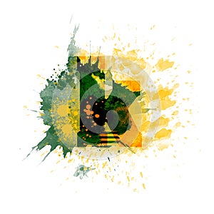 letter K typography design, dark green and yellow ink splash grunge watercolor splatter, isolated on white, grungy backgro photo