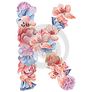 Letter K of watercolor flowers, isolated hand drawn on a white background, wedding design, english alphabet