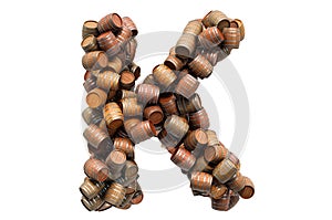 Letter K from wooden barrels, 3D rendering