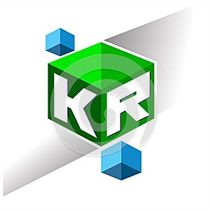 Letter KR logo in hexagon shape and green background, cube logo with letter design for company identity