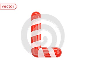 Letter L. 3d Symbol in white color intertwined with a red ribbon. Letter like Candy Cane in cartoon style. Glossy object isolated