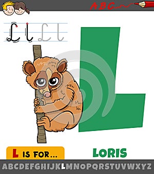 Letter L from alphabet with cartoon loris animal character