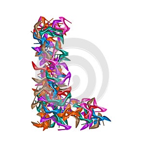 Letter L, alphabet made of multicolored high heel shoes, woman footwear, 3d render on white background