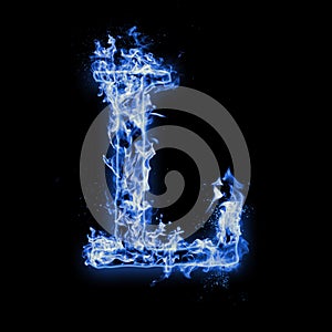 Letter L. Blue fire flames on black