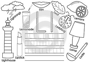 Letter L. Card with pictures and writing practice for preschool