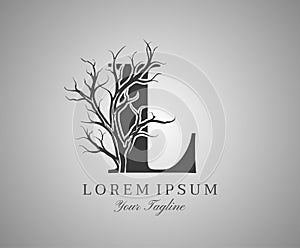 Letter L With Dead Tree Design Logo Icon. Creative Alphabetical Creepy Dry Tree Brach Nature Logo Template