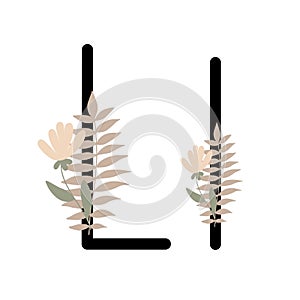 Letter L of English, Latin alphabet uppercase, lowercase decorated with flowers, floral monogram