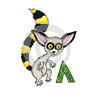 Letter L for Fantasy Cyrillic Alphabet - Azbuka with cute lemur