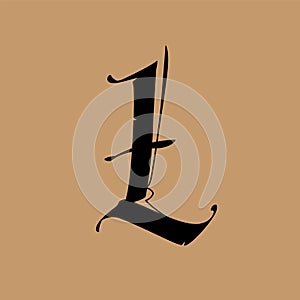 Letter L, in the Gothic style. Vector. Alphabet. The symbol is isolated on a golden background. Calligraphy and lettering.