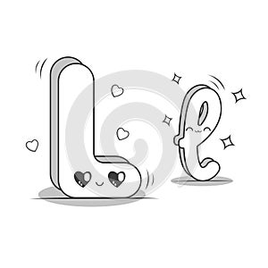 Letter L kawaii style black and white