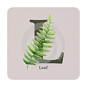 Letter L with leaf decor on the square card. Watercolor illustration. Forest nature ABC alphabet element for study