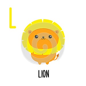 Letter L Lion. Animal and food alphabet for kids. Cute cartoon kawaii English abc. Funny Zoo Fruit Vegetable learning. Education