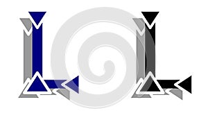 Letter L logo with triangles in two color versions, fantasy, isolated.