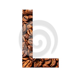 Letter L made from coffee beans isolated on white background