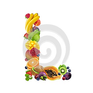 Letter L made of different fruits and berries, fruit alphabet isolated on white background