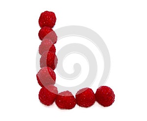 letter L made from raspberries. isolated on white background for birthday party