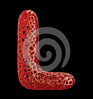 Letter L made of red plastic with abstract holes isolated on black background. 3d