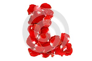 Letter L made from red roses petals.