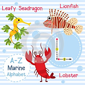 Letter L tracing. Lobster. Lionfish. Leafy Seadragon. Marine alphabet