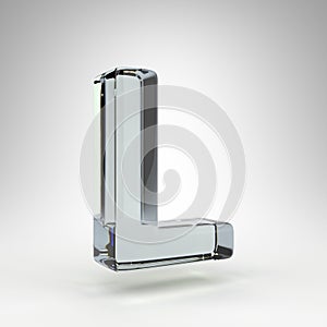 Letter L uppercase on white background. Camera lens transparent glass 3D letter with dispersion.