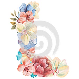 Letter L of watercolor flowers, isolated hand drawn on a white background, wedding design, english alphabet