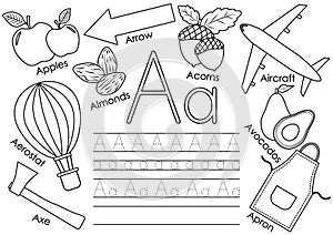 Letter A. Learning English alphabet with pictures