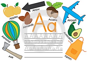 Letter A. Learning English alphabet with pictures and writing practice for children. Vector illustration.