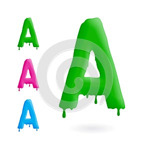 Letter A logo. Green, blue and pink character with drips. Dripping liquid symbol. Isolated vector.