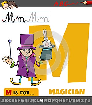 Letter M from alphabet with cartoon magician character