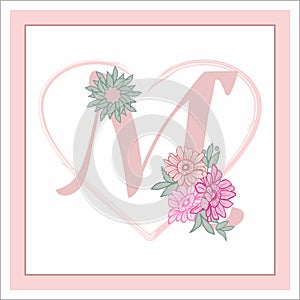 The letter `M` in the alphabet. Decoratively decorated with flowers.