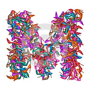 Letter M, alphabet made of multicolored high heel shoes, woman footwear, 3d render on white background